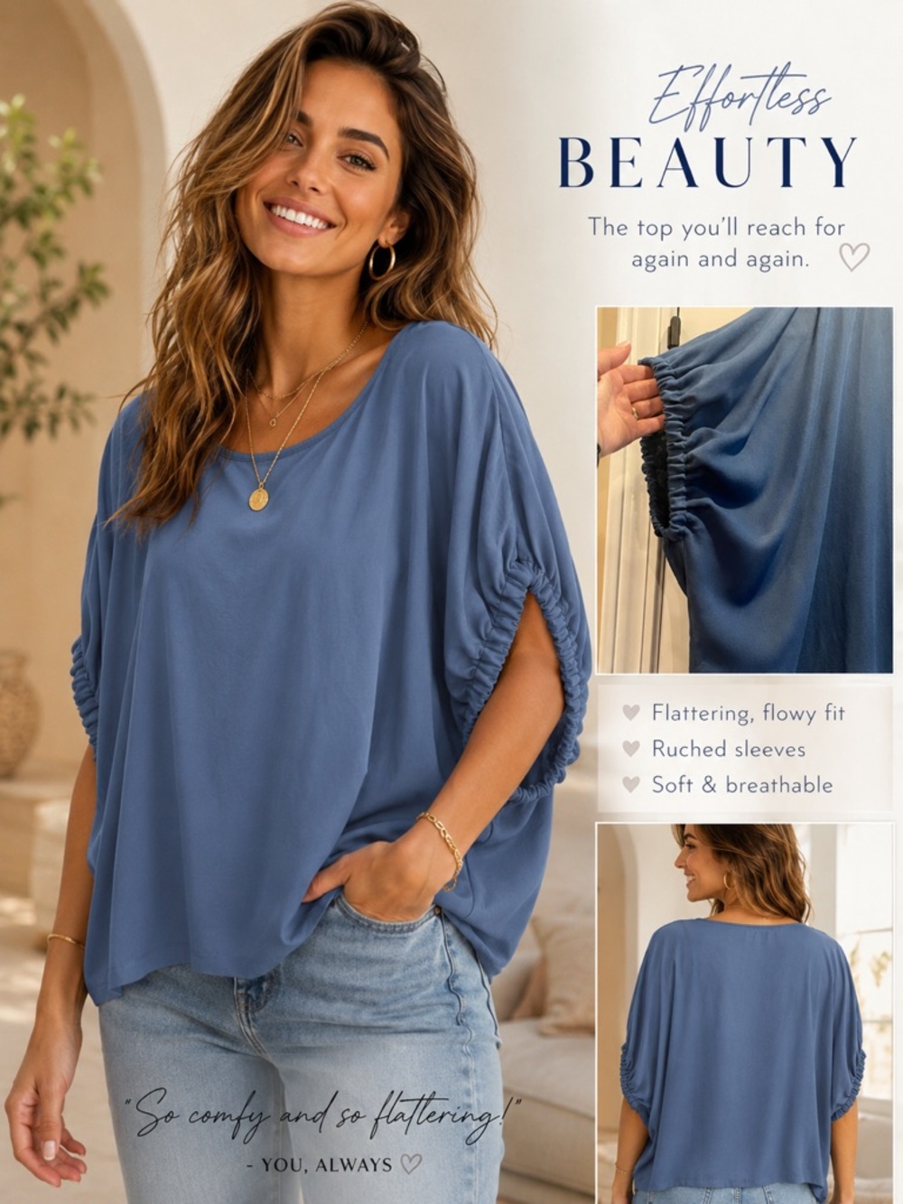 Zenana Oversized Ruched Sleeve Top NWT S, M, L Slate Blue Soft Stretch Boutique